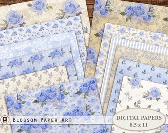 May include: A selection of digital papers with floral patterns. The papers display blue roses, damask, and striped designs on cream and light blue backgrounds. The text "Blossom Paper Art" and "Digital Papers 8.5 x 11" are visible.