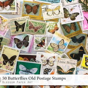 Antiguos sellos postales mariposas sellos para diarios basura, Ephemera imprimible Vintage sellos Collage hoja 2938