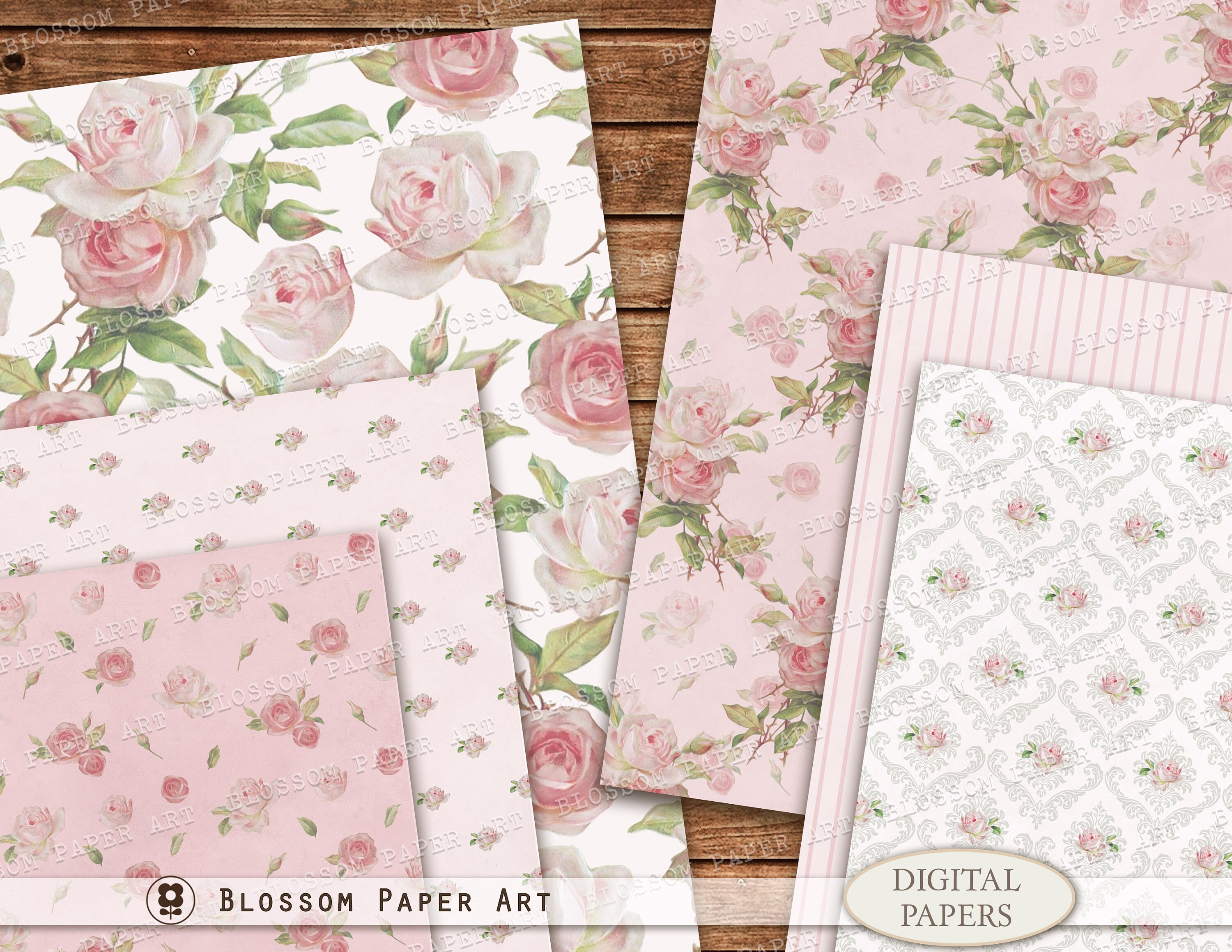 Shabby Chic Roses Digital Paper Pack: Vintage Scrapbook (digital ...