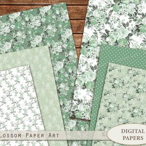 May include: Set of six digital papers featuring floral patterns in shades of green and white. The patterns include a large floral design, a smaller floral design, a polka dot pattern, and a vine pattern. The papers are perfect for scrapbooking, card making, and other crafting projects.
