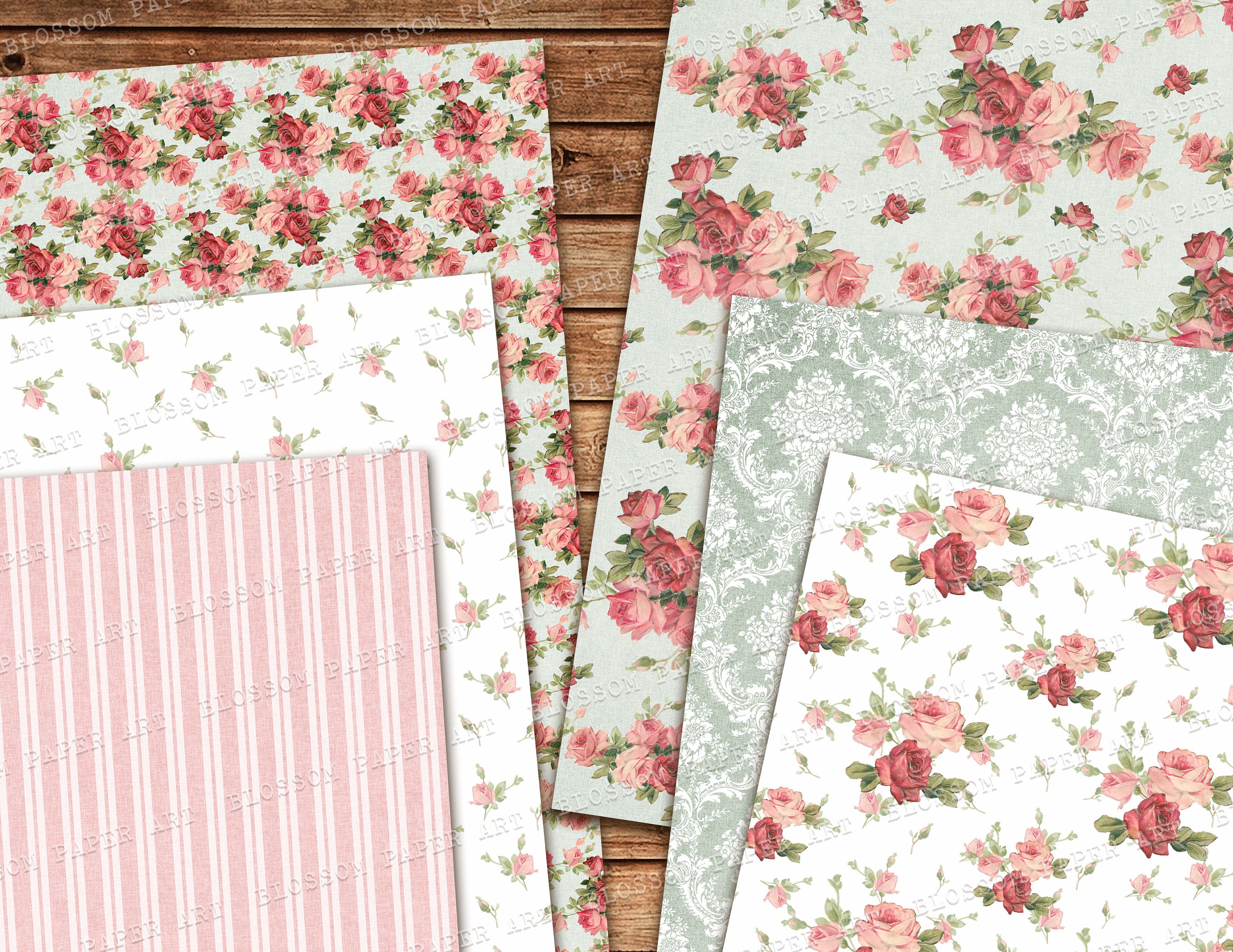 Shabby Chic Roses Digital Paper Pack: Vintage Floral Collage (instant ...