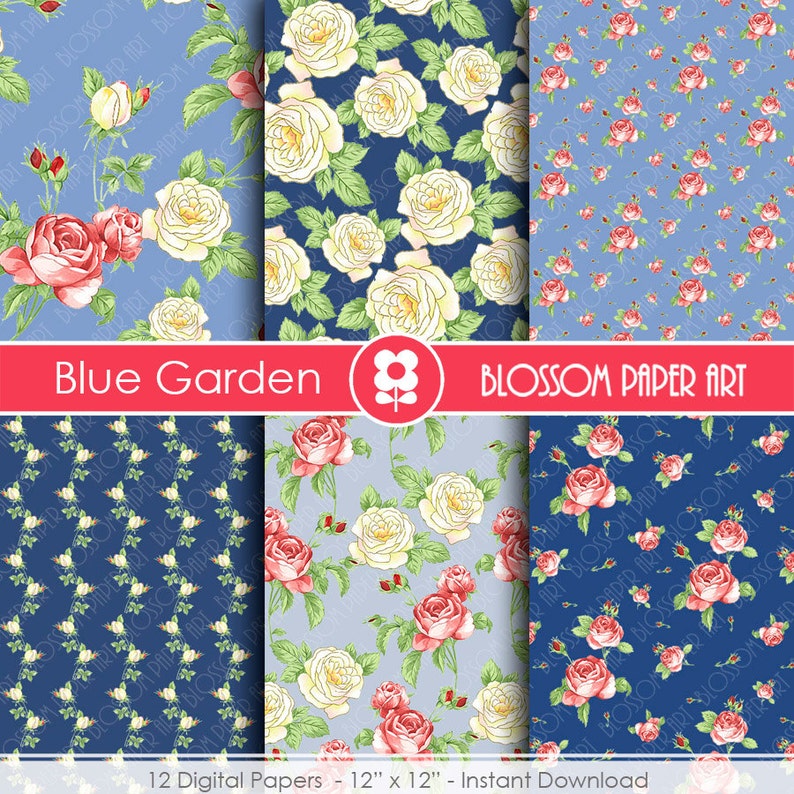 Blue Scrapbook Paper Pack Floral Digital Papers Scrapbook Etsy