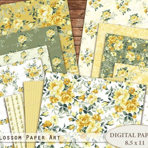 Geel en groen digitaal papier, Floral Scrapbook Paper, 8,5x11 Papers, Collage Sheet, Junk Journal Digital Papers 2939 6