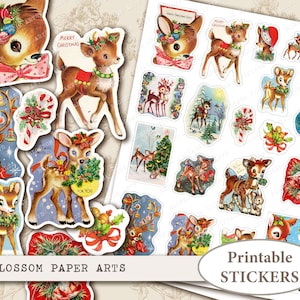 Naklejki świąteczne z motywem jelenia w stylu vintage: Arkusz kolażu do wydrukowania (pobranie cyfrowe)