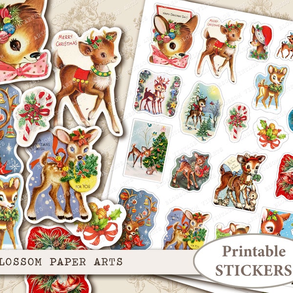 Printable Stickers Vintage Deer, Christmas Stickers Digital Collage Sheet, Vintage Christmas Images, Digital Download Collage Sheet 2683