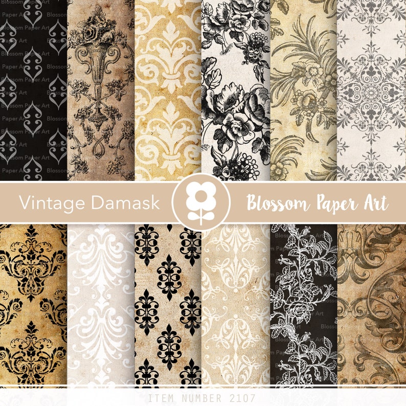 Damask Vintage Digital Paper Black Old Paper Digital Paper Etsy