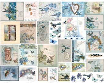 Junk Journal Blue Collage Sheet, Printable Vintage Ephemera for journaling, Digital Collage Sheet Digital Download 2516