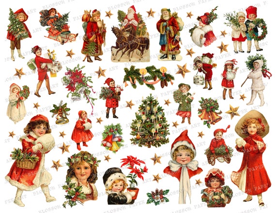 Christmas Stickers, Vintage Christmas Graphics, Die Cut Christmas