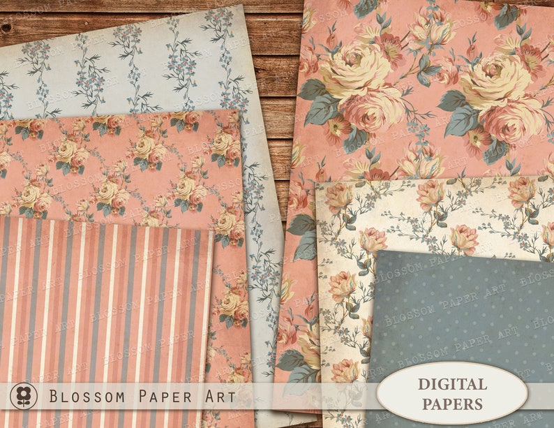 INSTANT DOWNLOAD 2489 Vintage Digital Paper Pack Blue Scrapbook Paper Pack Rose Scrapbook Paper Floral Digital Paper