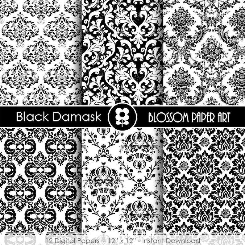 Black Damask Digital Paper Black Scrapbooking Digital Paper Etsy