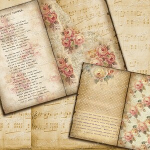 May include: A collage of vintage paper textures with a poem about the passion flower, a floral pattern with pink and yellow roses, and a page of sheet music. The text on the page reads "The Passion Flower".