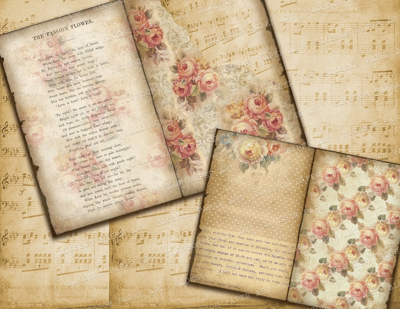 May include: A collage of vintage paper textures with a poem about the passion flower, a floral pattern with pink and yellow roses, and a page of sheet music. The text on the page reads "The Passion Flower".