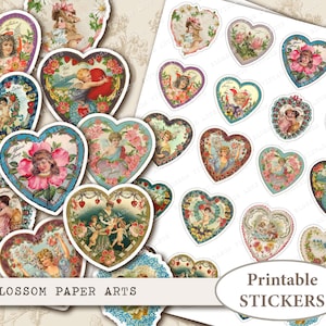 Vintage Hearts Valentine Stickers: Digital Collage Sheet (Digital Download)