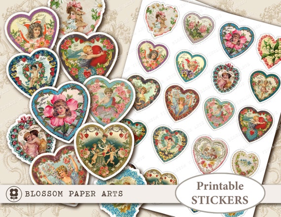 VINTAGE Hearts, Valentine Stickers Digital Collage Printable Stickers, Vintage  Valentine Digital Download Collage Sheet 2678 