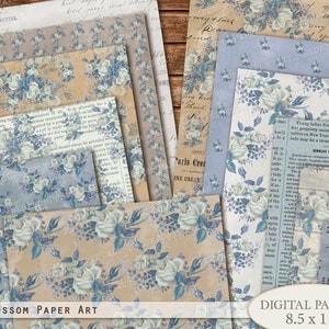 Blue Digital Paper, Scrapbook Paper, Old Texture Collage Sheet, Junk Journal Vintage Ephemera Digital Download 2712