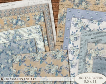 Blue Digital Paper, Scrapbook Paper, Old Texture Collage Sheet, Junk Journal Vintage Ephemera Digital Download 2712