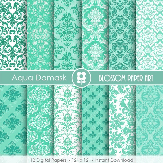 Damask Digital Paper Aqua Digital Paper Damask Aqua Scrapbook Etsy