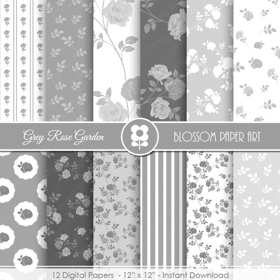 Gray Digital Paper, Floral Scrapbook Paper Pack, Floral Collage
