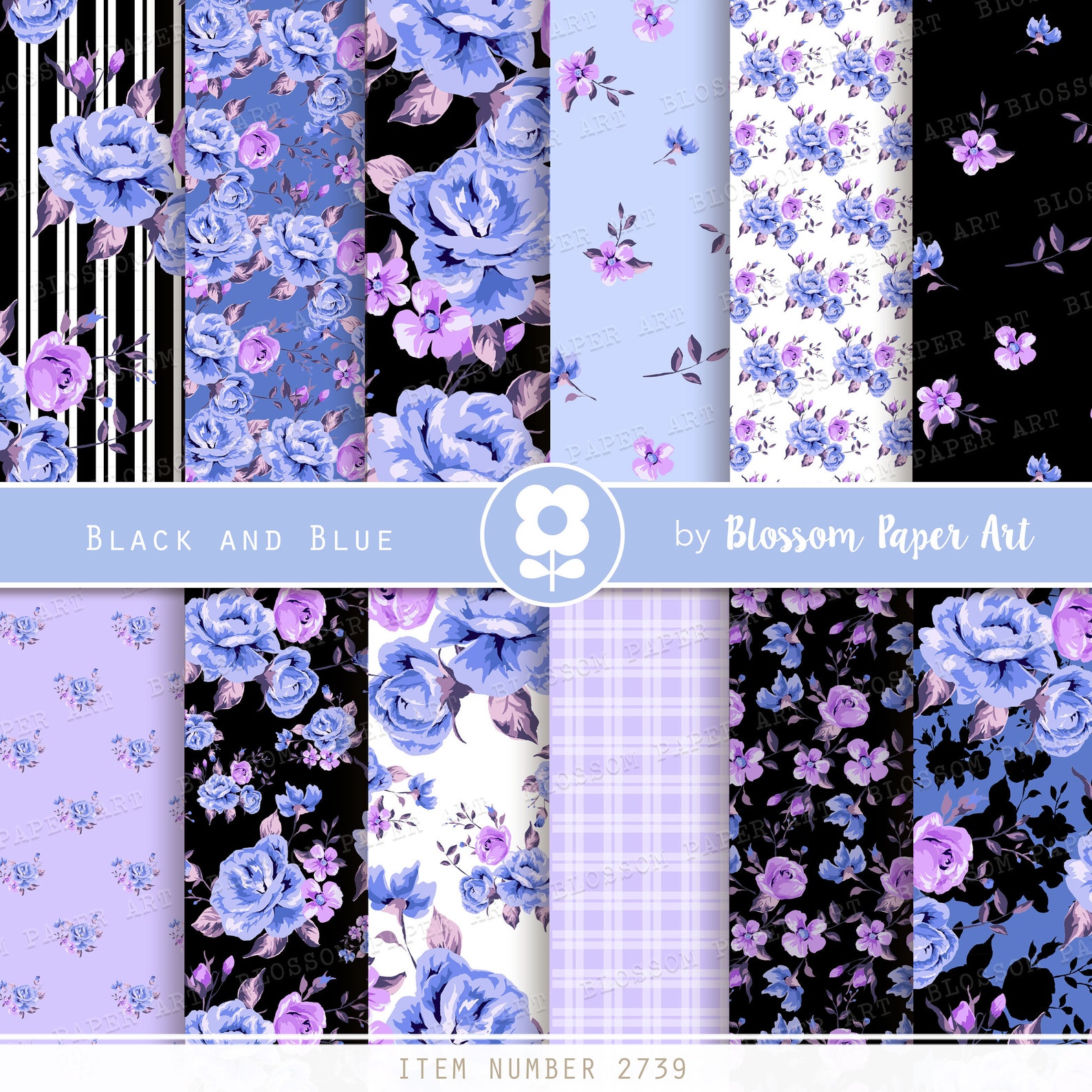 Blue and Black Digital Paper Floral Scrapbook Paper Pack Etsy