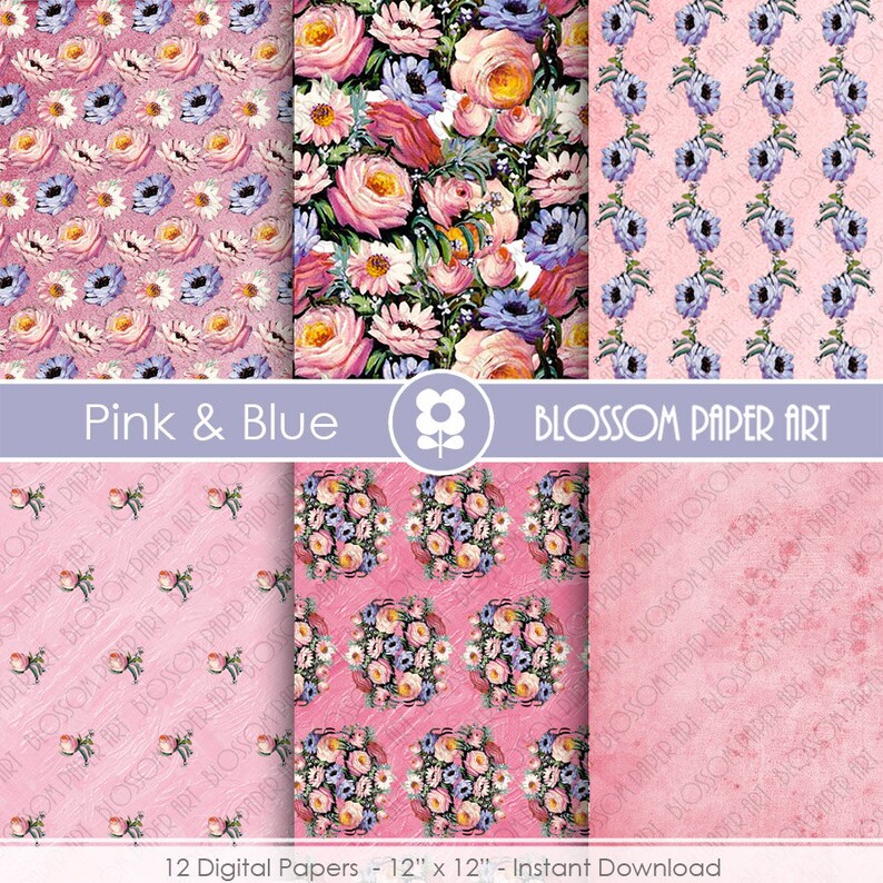 Collage Sheet Floral Digital Paper Floral Scrapbook Pink Roses Digital Paper Pack 1783
