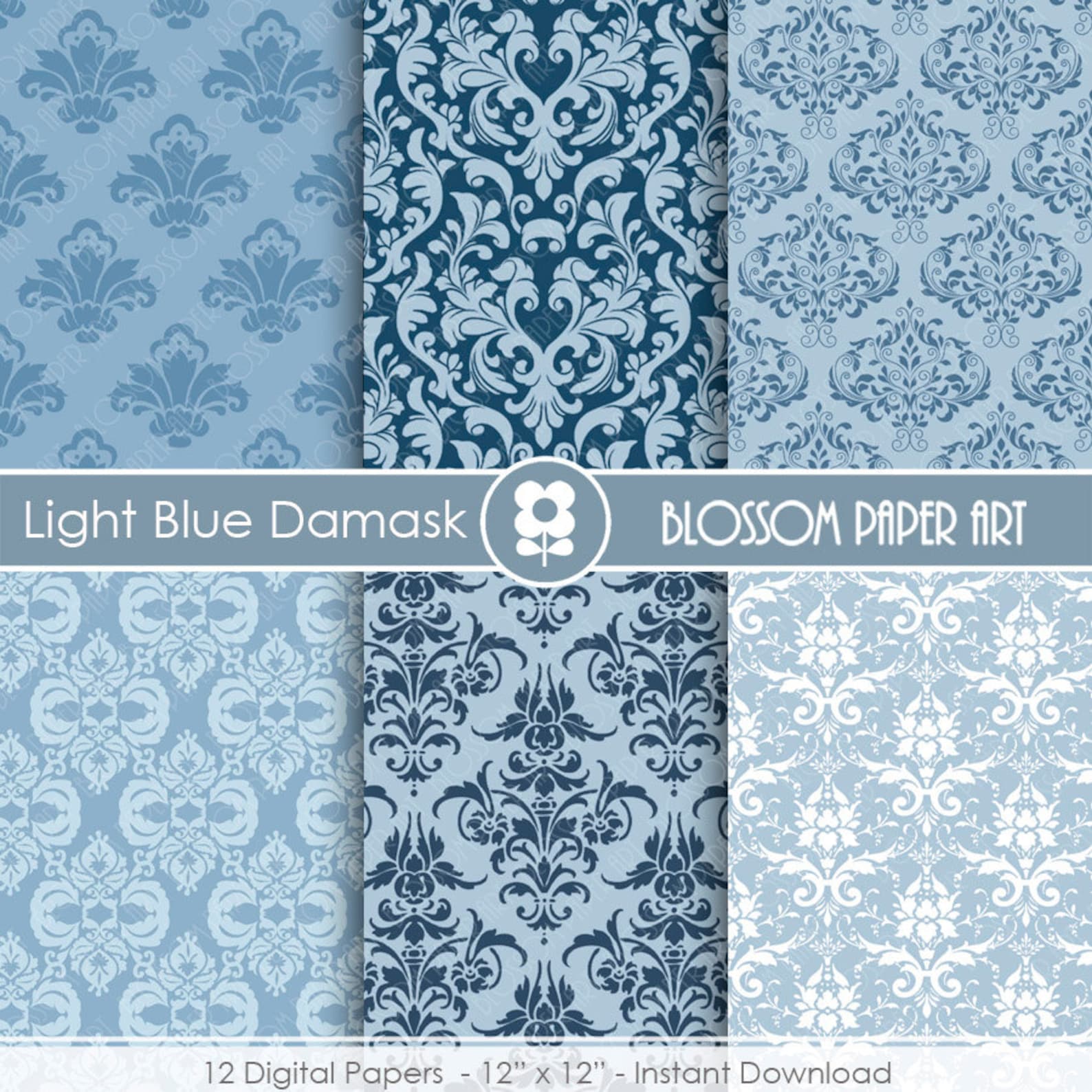 Damask Digital Paper Blue Damask Digital Paper Wedding Etsy