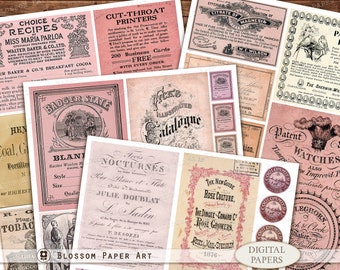 May include: A collection of vintage digital papers featuring a variety of designs, including floral patterns, text, and illustrations. The papers are in shades of pink, white, and black. The papers are perfect for scrapbooking, card making, and other craft projects.