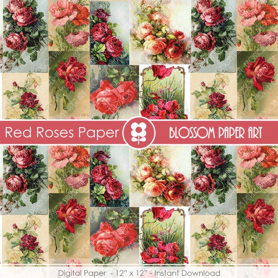 Rosas Rojas Papel Digital Flores Vintage para Imprimir - Etsy México