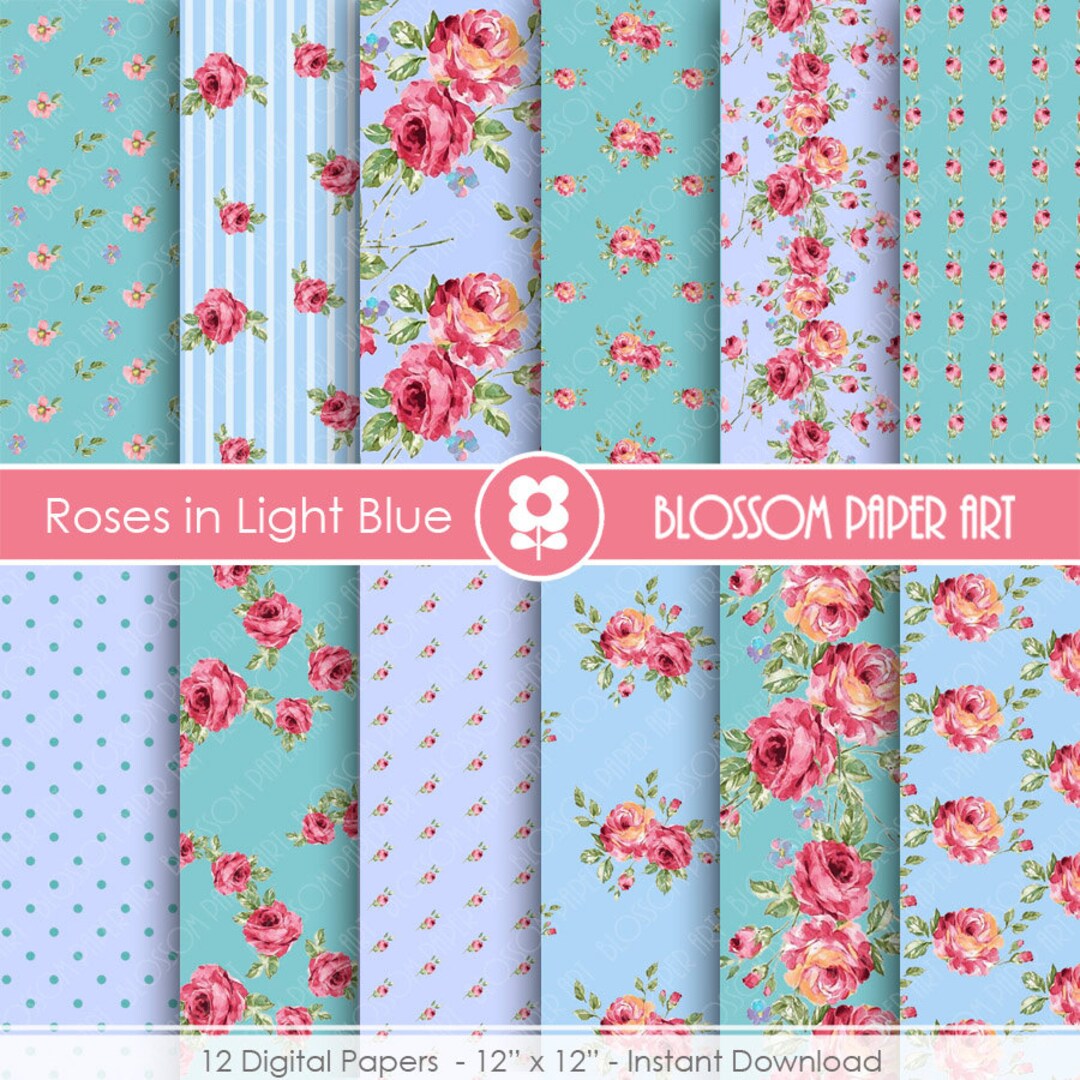 Pink Floral Papers, Light Blue Floral Paper Pack, Digital Scrapbooking,  Rose Papers INSTANT DOWNLOAD 1900 