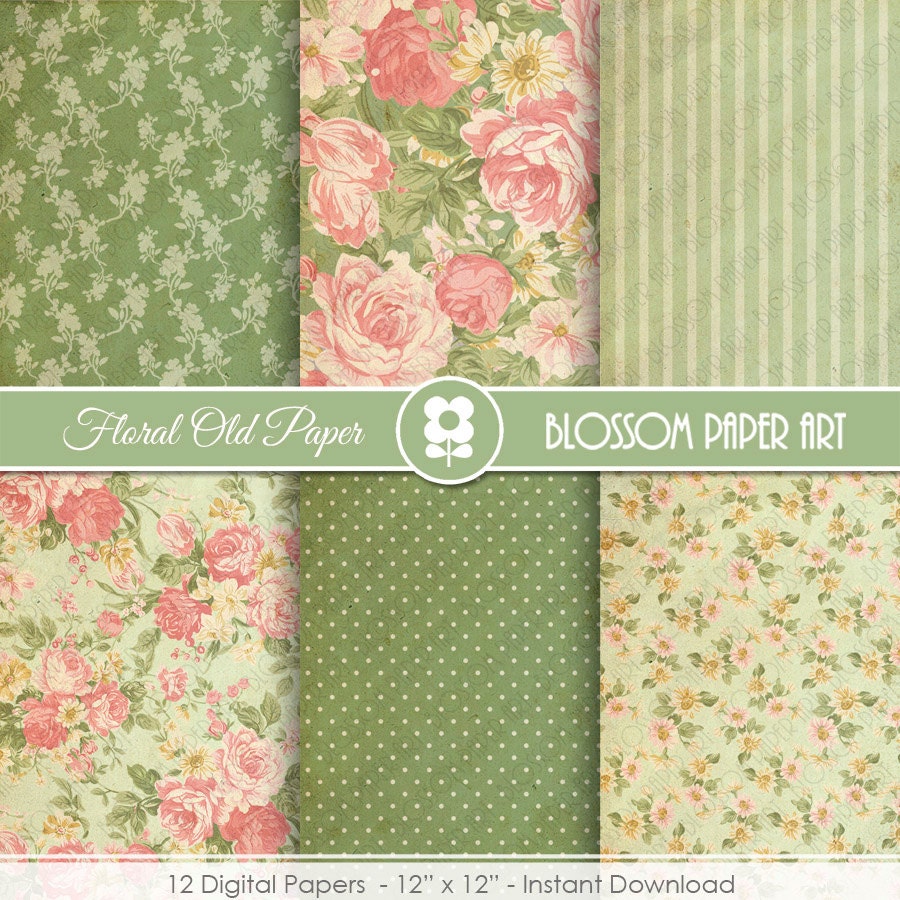 Vintage Floral Digital Paper Pack: Green Roses, Shabby Chic (instant ...