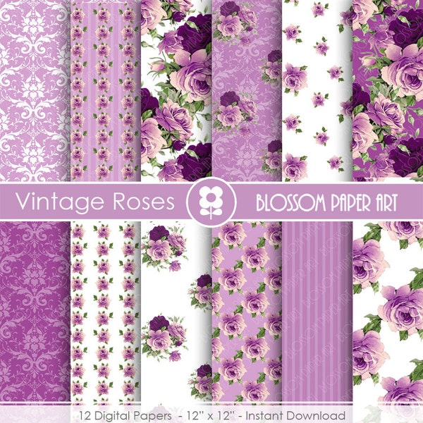 Rose Digital Paper Violet Digital Paper Pack, Purple Scrapbooking, Roses, Vintage Roses - INSTANT DOWNLOAD  - 1703