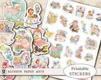 May include: Printable stickers featuring vintage illustrations of babies in various scenes, including a baby in a pram, a baby in a cot, and a baby playing with a toy. The stickers are ideal for scrapbooking, card making, and other craft projects.