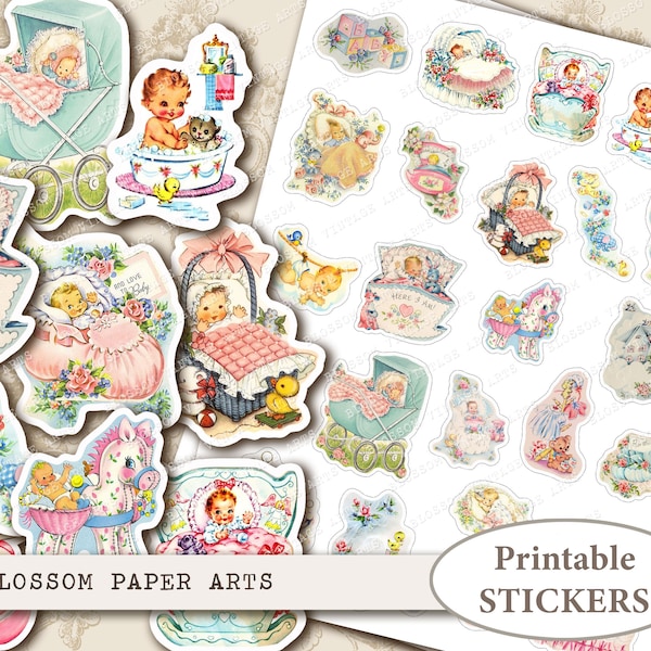 VINTAGE BABY Stickers, Printable Stickers, Vintage Baby Die Cut, Baby Digital Collage Printable Sheets, Digital Download, Collage Sheet 2690