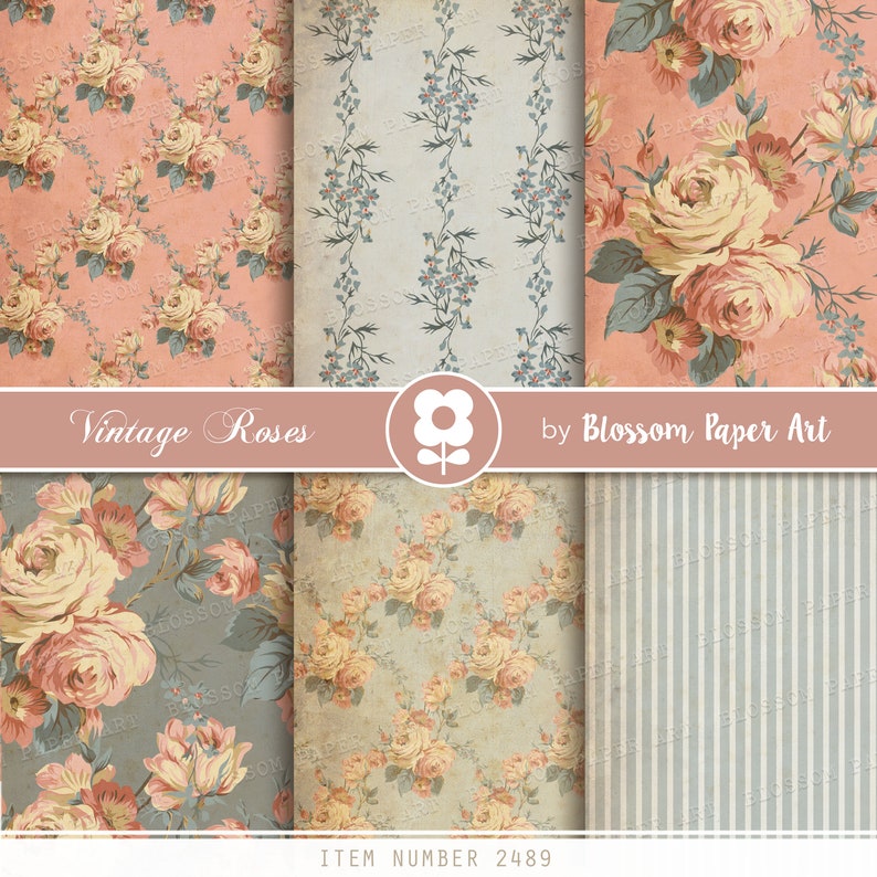 INSTANT DOWNLOAD 2489 Vintage Digital Paper Pack Blue Scrapbook Paper Pack Rose Scrapbook Paper Floral Digital Paper