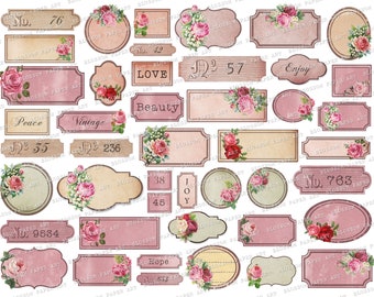 Etichette vintage con rose rosa: materiale effimero stampabile (foglio di collage digitale)