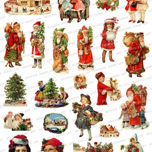 May include: A collection of vintage Christmas illustrations featuring Santa Claus, children, angels, and a Christmas tree. The illustrations are in a variety of styles and colors, and they are perfect for adding a touch of nostalgia to your holiday decor.
