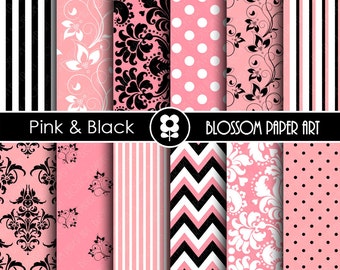 Pink and Black Paper, Pink Digital Paper Pack, Damask Scrapbooking, Digital Paper Pack  - INSTANT DOWNLOAD  - 1805