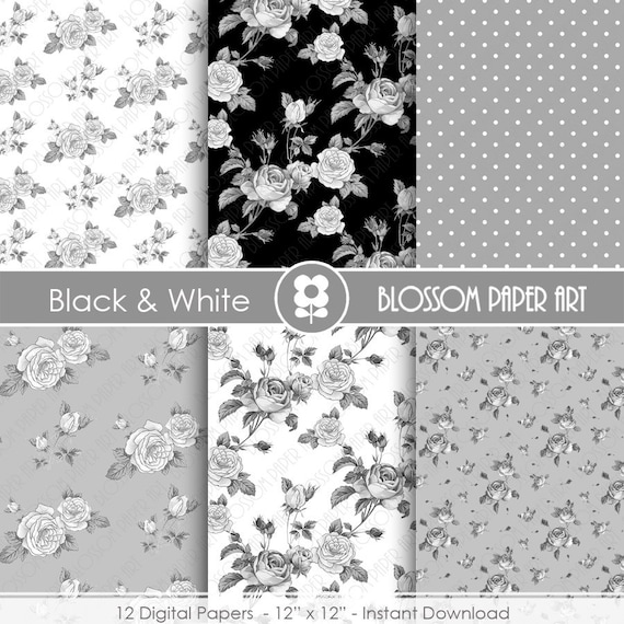 Black and White Floral Paper Rose Digital Paper Pack, Roses, Wedding,  Scrapbooking, Roses, Vintage Roses INSTANT DOWNLOAD 1894 