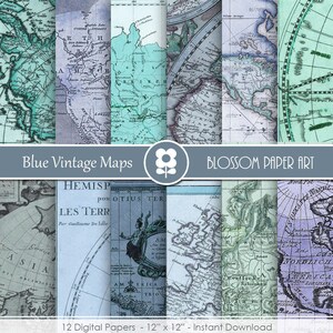 Mapas antiguos en Azul, Papeles Decorativos Digitales, Papeles para imprimir, artesanías, Decoupage - 1980