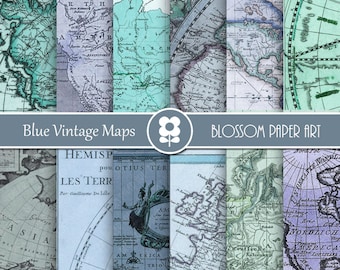 Maps Digital Paper, Blue Digital Paper Pack Vintage Maps Old Maps Scrapbooking - INSTANT DOWNLOAD - 1980