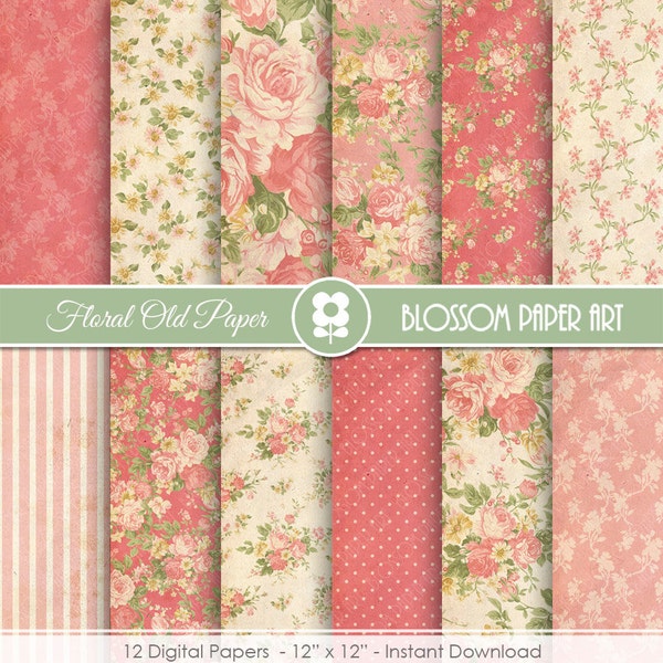 Floral Digital Paper, Coral Digital Paper Pack, Vintage Scrapbook Paper, Roses Scrapbook Paper Pack  - INSTANT DOWNLOAD  - 1967