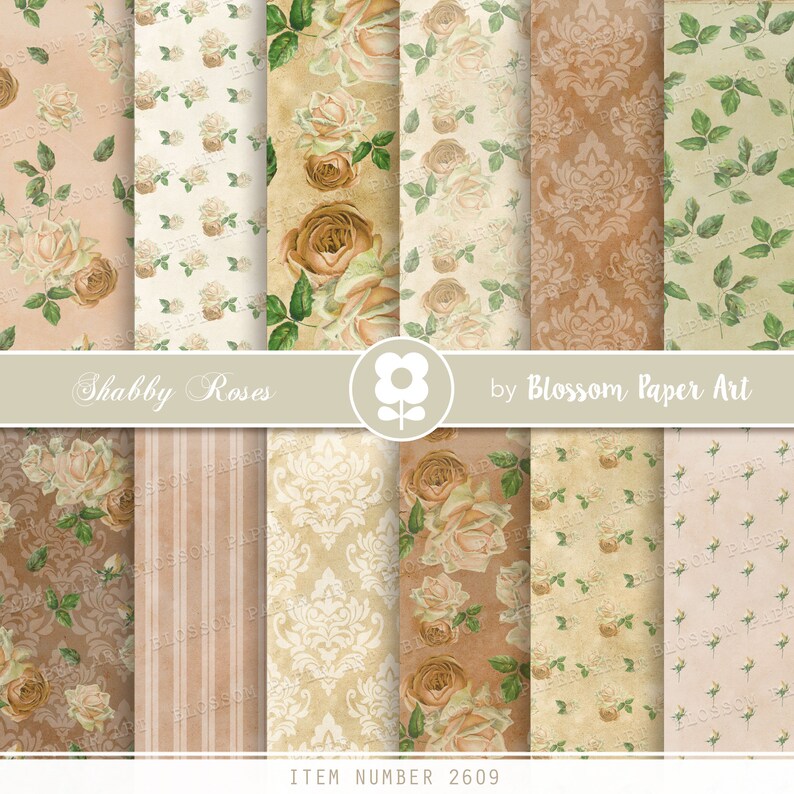 May include: A digital paper pack with 8 different patterns featuring shabby chic roses, damask, stripes, and floral designs in shades of beige, brown, and green. The text "Shabby Roses" and "by Blossom Paper Art" is included in the image.