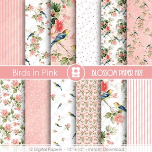 Digital Paper, Birds Digital Paper, Pink Scrapbook Paper Pack, Scrapbooking, Birds & Flowers - INSTANT DOWNLOAD  - 1936