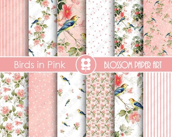 Pink Birds Digital Paper Pack, Scrapbook Paper (Instant Download) - 1936