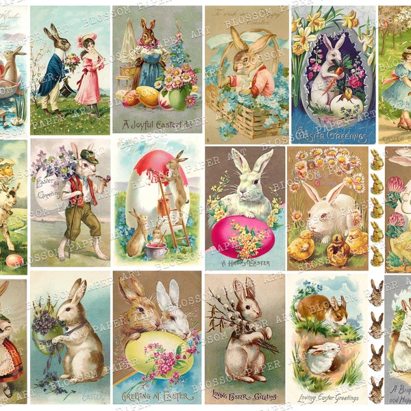 Easter Postcard, Vintage Easter Greeting Postcards, Easter Bunny Cards, Vintage Ephemera Digital Collage Sheet Digital Download 2881