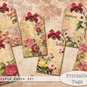 Etiquetas imprimíveis Etiquetas florais vintage para presente, cartões de registro no diário, folha de colagem digital para impressão, álbum de recortes, etiquetas de registro no diário 2721