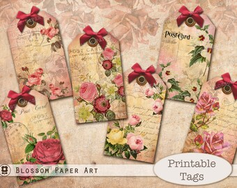 Printable Tags Vintage Floral Gift Tags, Journaling Cards, Digital Collage Sheet Printable Sheet, Scrapbook, journaling tags 2721