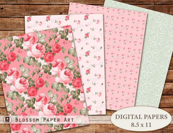 Purple Digital Paper, Floral Scrapbook Paper Pack, Rose Digital