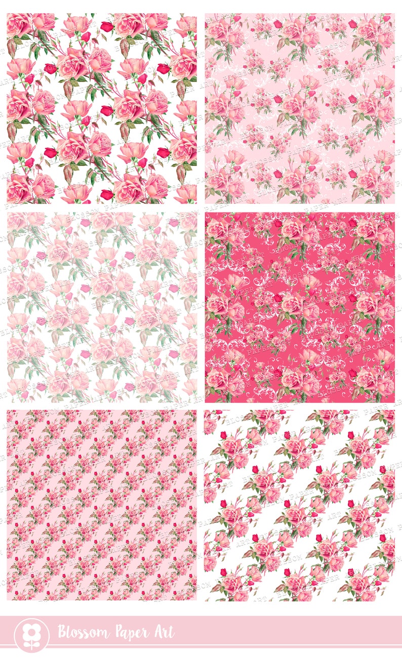 Pink Roses Digital Paper Pack: Shabby Chic Scrapbooking (digital ...