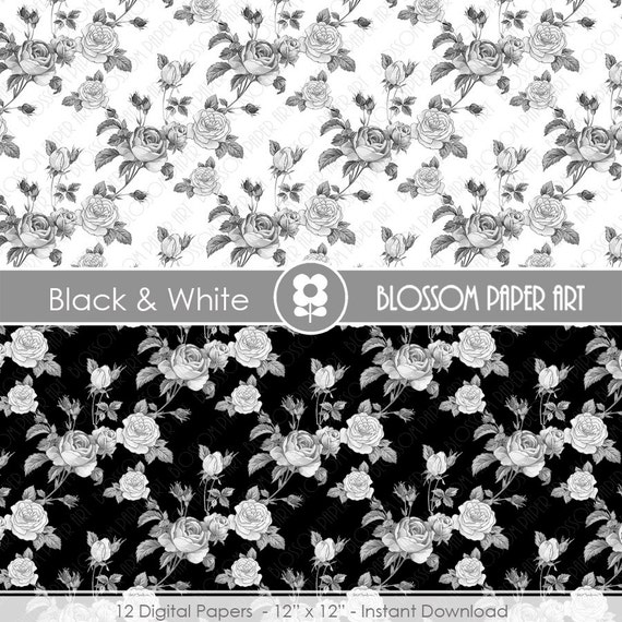 Black and White Floral Paper Rose Digital Paper Pack, Roses, Wedding,  Scrapbooking, Roses, Vintage Roses INSTANT DOWNLOAD 1894 