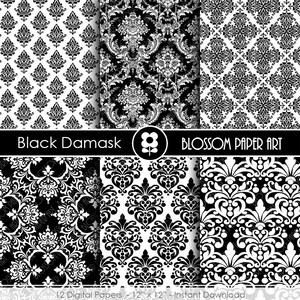 May include: Twelve digital papers featuring black and white damask patterns. The patterns are intricate and elegant, with a variety of designs. The papers are 12 inches by 12 inches and are perfect for scrapbooking, card making, and other craft projects.